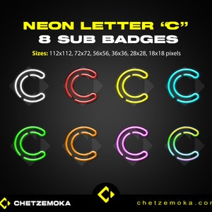 Emblemas de inscrição de letra neon &quot;C&quot; | Emblemas de inscrição do Twitch | Emotes do Twitch | Download instantâneo