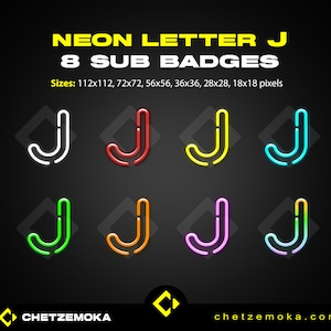 Emblemas de inscrição de letras neon "J" | Emblemas de inscrição do Twitch | Emotes do Twitch | Download instantâneo