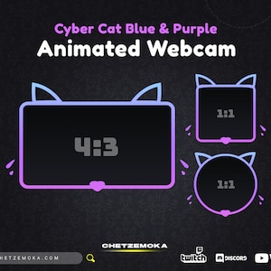 Cat Webcam Overlay | 3 Animated Webcam Overlay | Blue & Purple | Cat, Kitty Theme