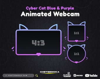 Może przedstawiać: Nakładka na kamerę internetową Cyber Cat Blue & Purple z animowanym wzorem głowy kota. Nakładka ma trzy różne proporcje: 4:3, 1:1 i 1:1. Tekst "CHETZEMOKA" jest widoczny na dole obrazu.