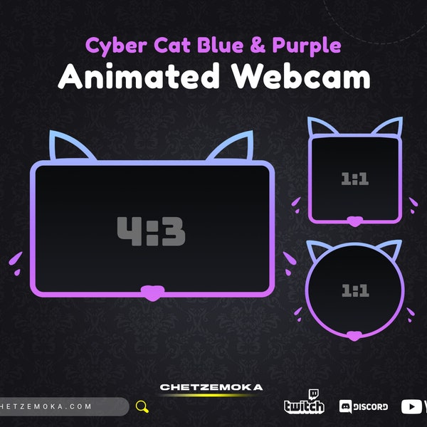 Cat Webcam Overlay | 3 Animated Webcam Overlay | Blue & Purple | Cat, Kitty Theme