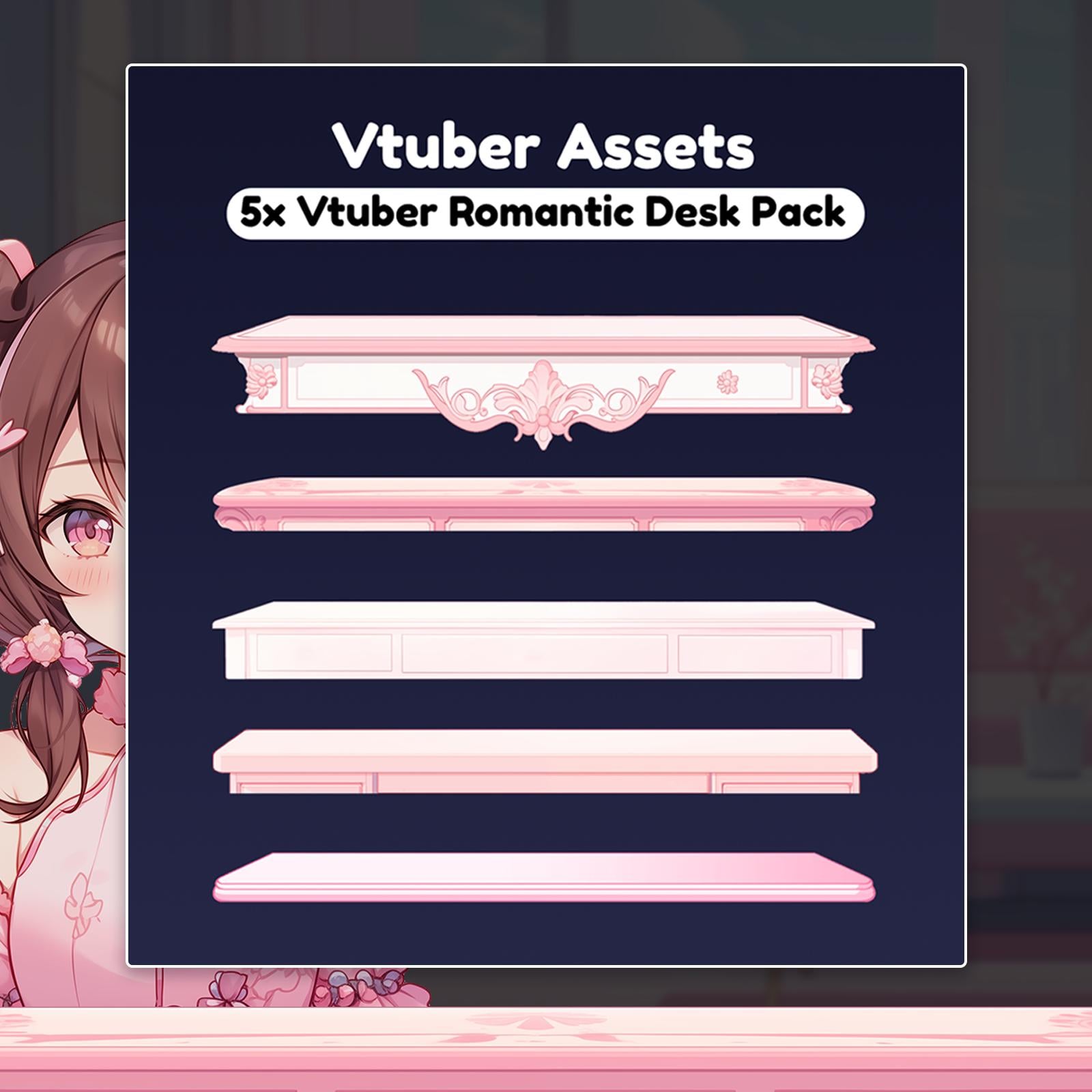 5x Vtuber Desk - Vtuber Assets - Pink Romantic Style (High Resolution PNG)