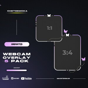 May include: A dark background with a purple gradient and white and purple butterfly graphics. The text reads "CHETZEMOKA" and "ANIMATED WEBCAM OVERLAY 5 PACK." Two black rectangles with white borders are labeled "1:1" and "3:4." Social media icons are at the bottom.