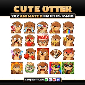 May include: A digital collection of 20 animated otter emotes featuring various expressions and props, including a red reverse card, 3D glasses with popcorn, a pizza slice, a rainbow, a heart, a raid sign, a star, a credit card, glow sticks, boxing gloves, and a swear jar.