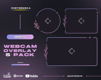 May include: Animated webcam overlay pack with a gradient design. The pack includes five different overlays with a pink and blue color scheme. The overlays feature a simple geometric design with a leaf motif. The text "Animated Webcam Overlay 5 Pack" is displayed in the center of the image. The text "Gradient" is displayed below the overlays. The text "www.chetzemoka.com" is displayed at the bottom of the image.