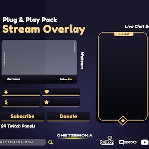 Stream Overlay Package | Webcam Overlay | 24 Twitch Panels | Stream Labels | Stream Chat Box | Gold & Navy Blue