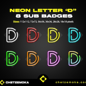 Insignias de suscripción de neón con la letra "D" / Insignias de suscripción de Twitch / Emotes de Twitch / Descarga instantánea