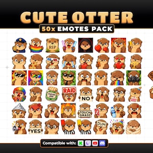 Puede incluir: Una colección digital de 50 emoticonos de nutrias con diversas expresiones y accesorios. El conjunto incluye nutrias con objetos como una bandera arcoíris, pizza, gafas de sol, un frasco de insultos y carteles que dicen RAID, NO, TOUCH GRASS, YES, DUM.