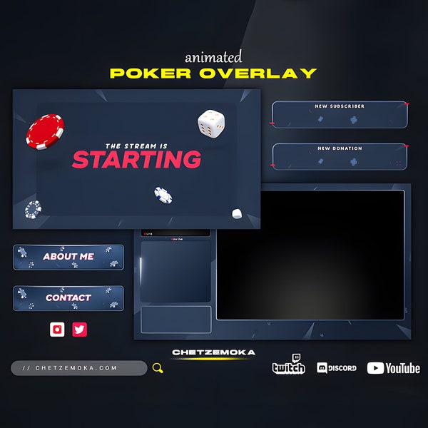 Superposition de poker Twitch - Version animée et statique | 4 scènes | 2 Écrans de démarrage et hors ligne | Insignes secondaires | Alertes | Panneaux