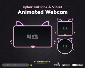 Może przedstawiać: Animowane nakładki na kamerę internetową z wzorem różowego i fioletowego kota. Nakładki są w proporcjach 4:3 i 1:1. Tekst "Cyber Cat Pink & Violet Animated Webcam" znajduje się w górnej części obrazu. Tekst "CHETZEMOKA" znajduje się w dolnej części obrazu.