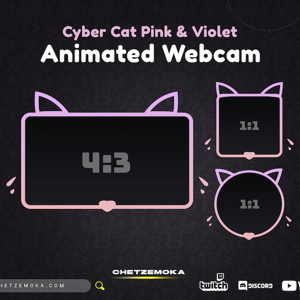 Cat Webcam Overlay | 3 Animated Webcam Overlay | Pink & Violet | Cat, Kitty Theme