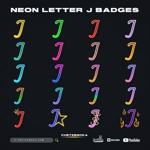 Emblemas de inscrição da letra J | Emblemas de néon | Conjunto de 20 ícones de assinante | Brilho | Simples | Twitch | Kick