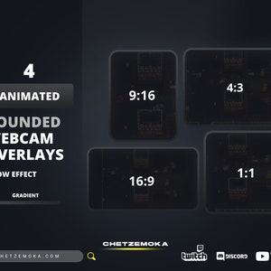 May include: Four animated rounded webcam overlays with a glow effect and gradient. The overlays are in different aspect ratios: 9:16, 4:3, 16:9, and 1:1.