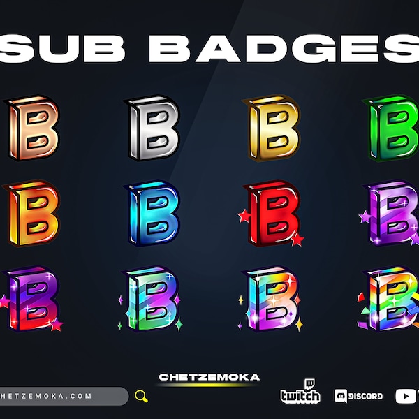 Letter B Sub Badges | Set of 12 Badges | 3D | Cheer | Letter | Bronze | Silver | Gold