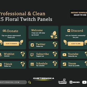 Twitch Panels Floral | Green & Gold Twitch Panels | 25 Stream Panels Pack | Instant Download
