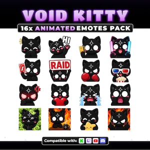 Può includere: Una collezione digitale di 16 emote animate di gatti neri intitolata VOID KITTY. Il set presenta un gatto nero con un simbolo circolare bianco sulla fronte in varie espressioni, tra cui tenere cartelli, indossare occhiali e piangere.
