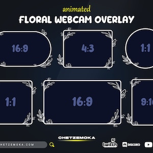 Peut inclure: Superposition de webcam florale animée avec différents formats d'image, dont 16:9, 4:3, 1:1 et 9:16. Chaque cadre est souligné en blanc avec des motifs floraux. Le texte "FLORAL WEBCAM OVERLAY" est en haut. Le bas de l'image contient le texte "CHETZEMOKA".