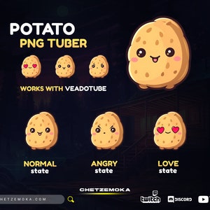 May include: A cartoon potato with different facial expressions. The potato is yellow with brown spots and has a cute, cartoonish style. The text "POTATO PNG TUBER" is at the top of the image. The text "WORKS WITH VEADOTUBE" is below the potato with the normal expression. The potato has three different expressions: normal, angry, and love. The text "NORMAL state", "ANGRY state", and "LOVE state" are below each potato. The text "CHETZEMOKA" is at the bottom of the image.