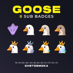 Op de afbeelding: Een afbeelding met acht gans-thema sub-badges. De badges bevatten een paarse voetafdruk, ganzenkoppen in verschillende kleuren en ganzen met kronen. De tekst "GOOSE" en "8 SUB BADGES" wordt in het geel weergegeven.