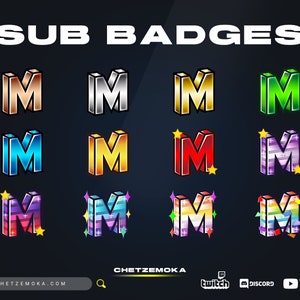 Emblemas secundários da letra M | Conjunto de 12 emblemas | 3D | Torcer | Carta | Bronze | Prata | Ouro
