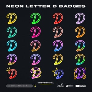 Insignias de suscripción de neón de Twitch / Insignias con la letra D / Conjunto de 20 íconos de suscriptor / Brillo / Sencillo / Efecto Kick