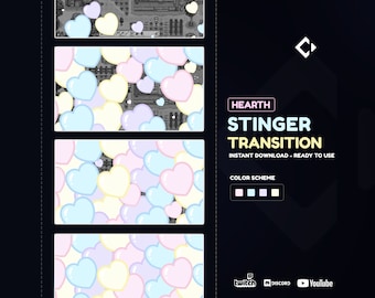 Puede incluir: Una ilustración digital de un stinger de transición para streaming. El stinger presenta una forma de corazón con un degradado de rosa, azul y amarillo. El texto "Hearth Stinger Transition" se muestra en blanco. El texto "Descarga instantánea - Listo para usar" se muestra en blanco. El texto "Esquema de color" se muestra en blanco. Una fila de cuadrados de colores se muestra debajo del texto. El texto "Twitch, Discord, YouTube" se muestra en blanco.