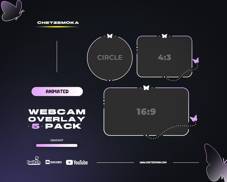 May include: A dark background with a purple gradient, featuring a webcam overlay pack. The design includes a circle and two rectangular frames with aspect ratios of 4:3 and 16:9. The text includes "CHETZEMOKA", "ANIMATED", and social media icons.