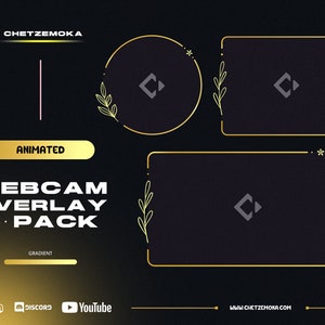 Pode incluir: Pacote de sobreposições de webcam animadas com um fundo degradê. O pacote inclui cinco sobreposições diferentes com molduras douradas e um design floral. As sobreposições são rotuladas como "Animadas" e "Pacote de sobreposições de webcam 5". O texto "www.chetzemoka.com" está na parte inferior da imagem.