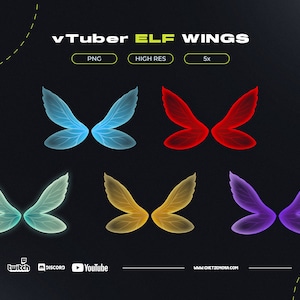 Puede incluir: Cinco pares de alas de elfo en diferentes colores: azul claro, rojo, verde claro, amarillo y morado. Las alas son transparentes y tienen un efecto brillante. La imagen está etiquetada como "VTuber ELF WINGS" e incluye las palabras "PNG", "HIGH RES" y "5x".