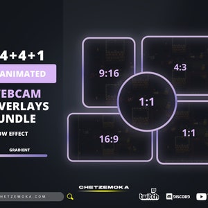 May include: A dark purple graphic promoting a webcam overlays bundle. The text includes "4+4+1 ANIMATED WEBCAM OVERLAYS BUNDLE GLOW EFFECT GRADIENT". The image shows different aspect ratios: 9:16, 4:3, 1:1, and 16:9. Social media icons are at the bottom.