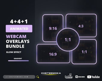 May include: A dark purple graphic promoting a webcam overlays bundle. The text includes "4+4+1 ANIMATED WEBCAM OVERLAYS BUNDLE GLOW EFFECT GRADIENT". The image shows different aspect ratios: 9:16, 4:3, 1:1, and 16:9. Social media icons are at the bottom.