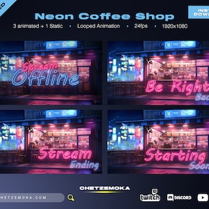 Neon Coffee Twitch Screens | Animated Stream Overlay for Streamers | Coffee |Starting Soon | Be Right Back | Stream Ending | Offline