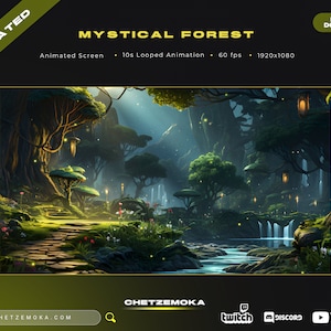May include: Animated background featuring a mystical forest with glowing fireflies, waterfalls, and a stone path leading through the trees. The text "MYSTICAL FOREST" is displayed at the top of the image.