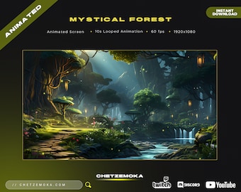 May include: Animated background featuring a mystical forest with glowing fireflies, waterfalls, and a stone path leading through the trees. The text "MYSTICAL FOREST" is displayed at the top of the image.