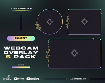 May include: Animated webcam overlay pack with five different gradient frames. The frames feature a simple geometric design with leaf and star accents. The text "CHETZEMOKA" and "www.chetzemoka.com" are visible at the top and bottom of the image.
