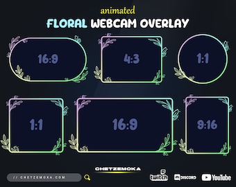 May include: Animated floral webcam overlay frames in various aspect ratios, including 16:9, 4:3, 1:1, and 9:16. The frames are outlined in a rainbow gradient with floral accents.