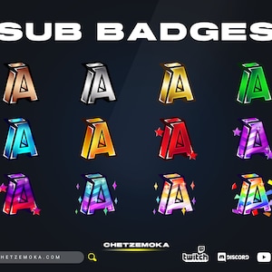 Distintivos de Sub Letra A | Conjunto de 12 Distintivos | 3D | Torcida | Letra | Bronze | Prata | Ouro