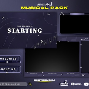 Peut inclure: Superposition de flux Twitch animée avec un fond violet foncé et des notes de musique blanches. Le texte "THE STREAM IS STARTING" est en blanc. La superposition comprend des sections pour un chat, de nouveaux abonnés, de nouveaux abonnés et de nouveaux dons. La superposition comprend également un bouton d'abonnement, un bouton à propos de moi et une adresse de site Web.