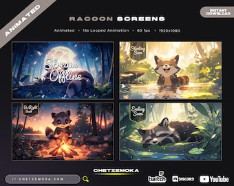 Racoon Twitch Screens | 4 Animated vTuber Backgrounds for Streamers | Vtuber | Stream Starting | Be Right Back | Stream Ending | Offline