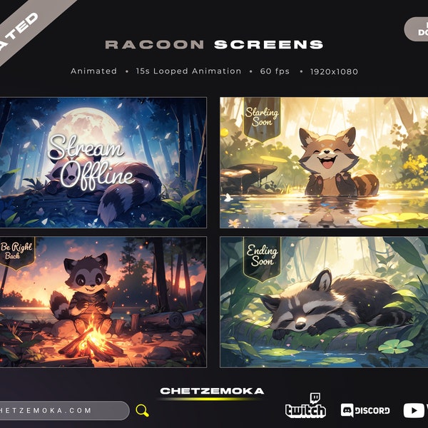 Racoon Twitch Screens | 4 Animated vTuber Backgrounds for Streamers | Vtuber | Stream Starting | Be Right Back | Stream Ending | Offline