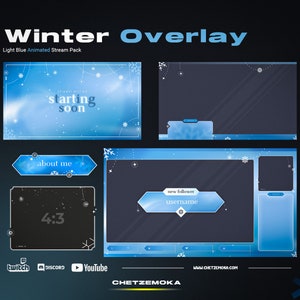Paquete de superposición de transmisión de invierno / Superposición de cámara web con copos de nieve / Escenas azules de vTuber / Alertas de transmisión animadas / 20 paneles