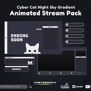 Cat Stream Overlay Night Sky - Animated Cat Stream Pack - Minimalist Cat Twitch Overlay for Streamers, OBS, StreamLabs, StreamElements