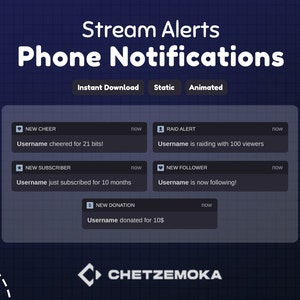 Twitch Alerts Phone Notifications | Dark Theme Stream Alerts | 5 Animated Twitch Alerts | Instant Download