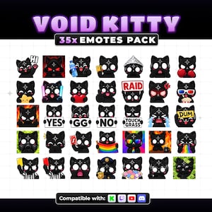 May include: A digital collection of 35 emotes featuring a black cat character with a white circular symbol on its forehead. The emotes display various expressions, accessories, and text including RAID, YES, GG, NO, DUM, and TOUCH GRASS.