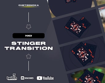 以下が含まれることがあります： 「CHETZEMOKA」、「POKER」、「STINGER TRANSITION」の文字が入った濃いグレーのグラフィック。ハートのキングとエースのトランプが描かれています。Twitch、Discord、YouTubeのソーシャルメディアアイコンが下にあります。