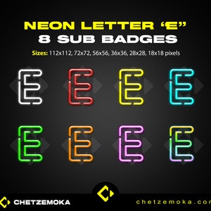 Emblemas de inscrição de letra neon &quot;E&quot; | Emblemas de inscrição do Twitch | Emotes do Twitch | Download instantâneo