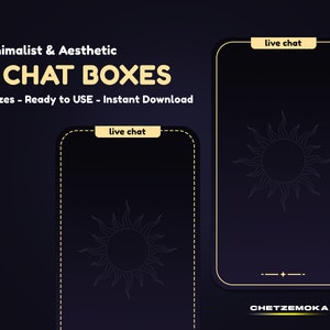 以下が含まれることがあります： 暗い青色の背景に金の太陽のデザインが施された、ミニマルなチャットボックスのテンプレートが2つあります。各チャットボックスの上部には、黄色のボックスに「ライブチャット」というテキストが表示されます。各チャットボックスの下部には、「CHETZEMOKA」というテキストが表示されます。