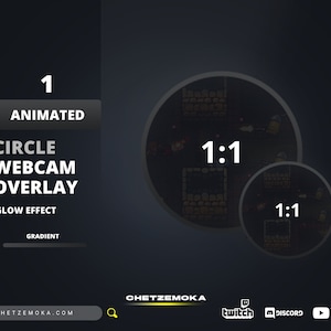 May include: Animated circle webcam overlay with glow effect and gradient. The overlay is 1:1 aspect ratio and features a video game scene.