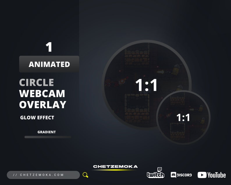 May include: Animated circle webcam overlay with glow effect and gradient. The overlay is 1:1 aspect ratio and features a video game scene.