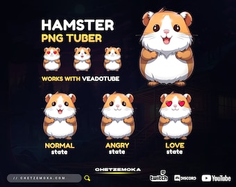 Könnte beinhalten: Digitale Illustration eines Cartoon-Hamsters, der verschiedene emotionale Zustände zeigt. Der Hamster hat braunes und weißes Fell. Der Text enthält "HAMSTER PNG TUBER" und "WORKS WITH VEADOTUBE".